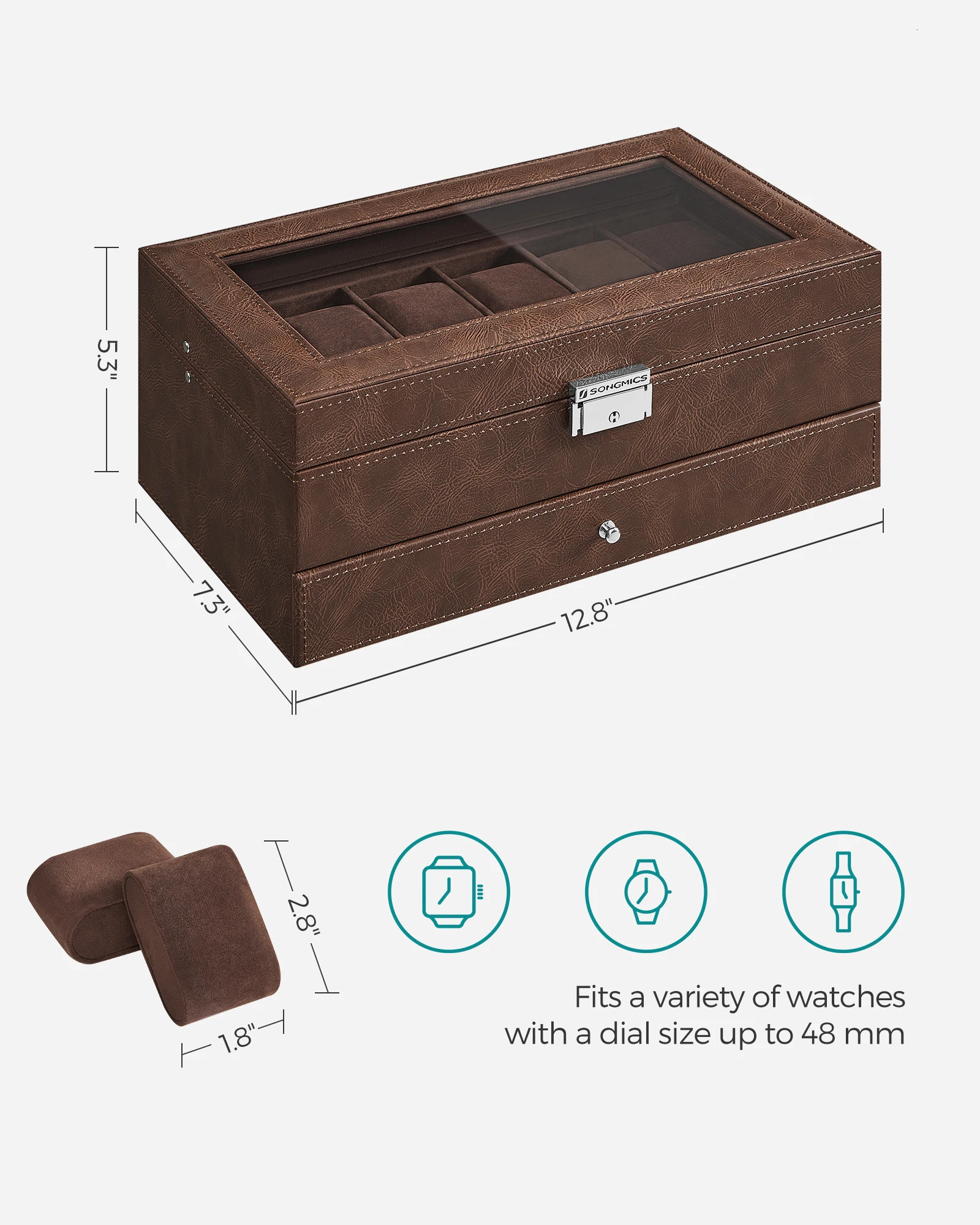 SONGMICS 12 slot watch box lockable watch box with glass cover 2 layers with 1 drawer used for rings and bracelets 250102