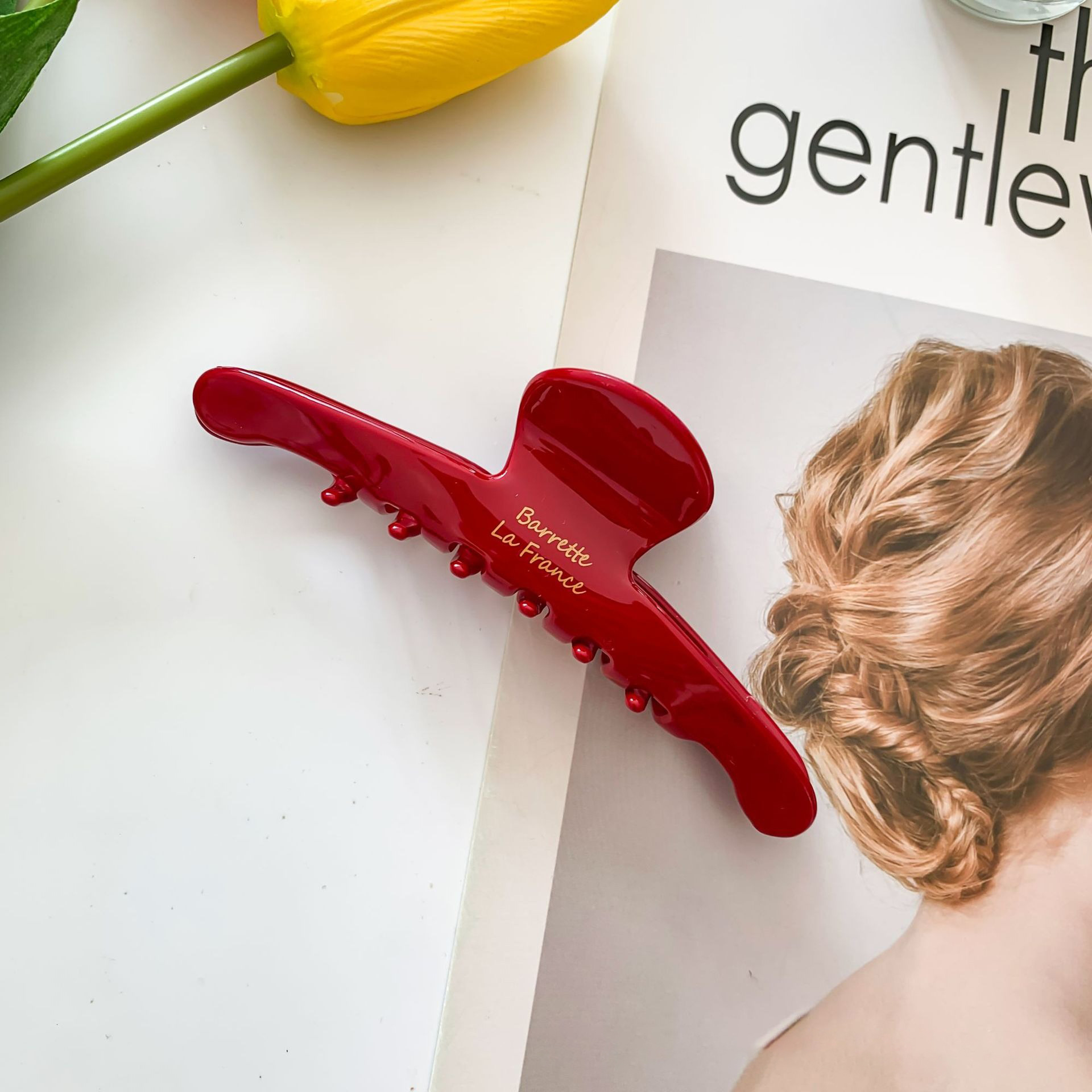 Red Bow Acetate Grab Clip Premium Feeling Shark Clip Tanabata Valentine's Day French Fashion Back of the Head Hair Clip Female