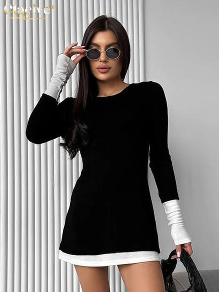 Clacive Bodycon Black Knitted Womens Wear 2025 Fashion O-neck Long Sleeve Mini Dress Elegant Classic Patchwork Womens Wear 250103
