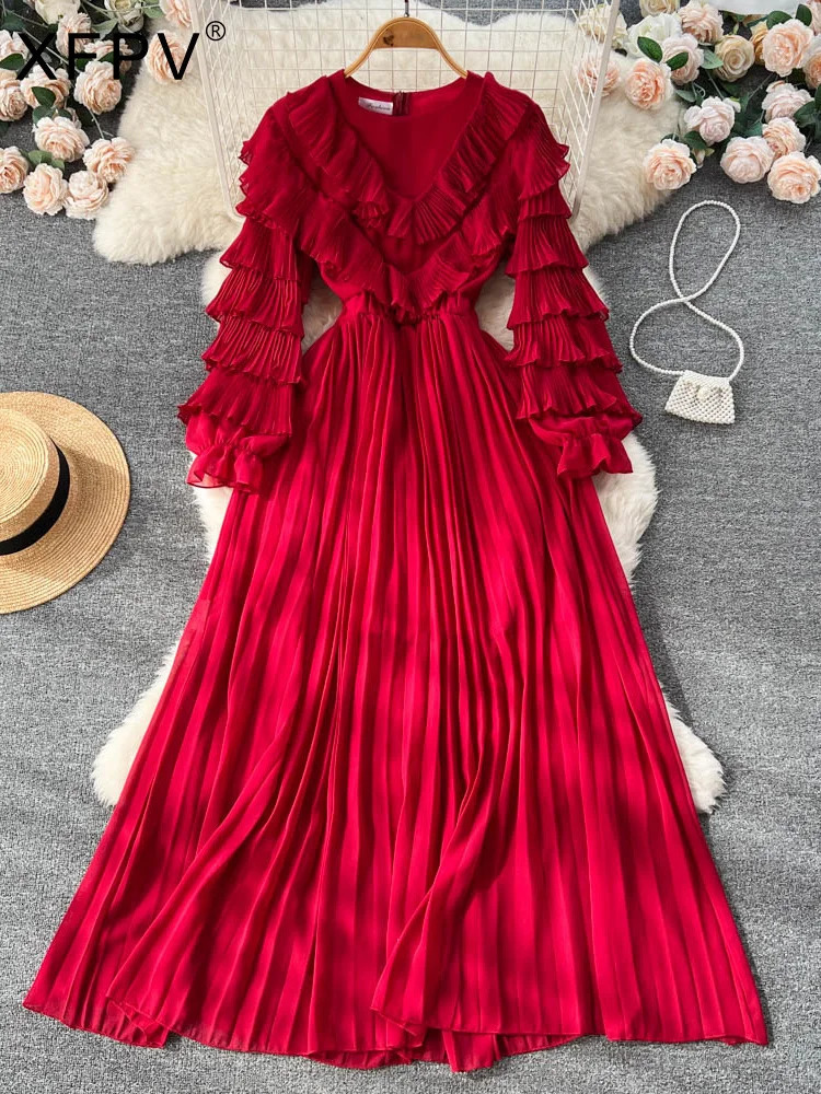 XFPV 2025 Spring Autumn Solid Slim Long Sleeve Pleated A Line V Neck Chiffon Mid-Calf Women High Waist Dress Vestidos SM5352 250103