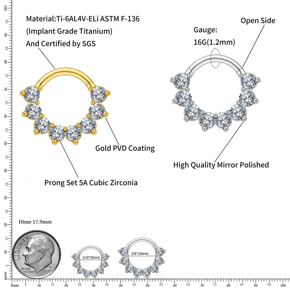 Right Grand ASTM F136 16G Septum Clicker with CZ Hinged Segment Nose Ring Daith Hoop Earring Piercing Body Jewelry 250103