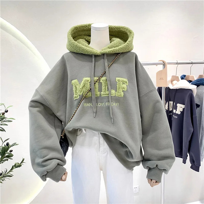 Fashion Patchwork Oversize Sweatshirt Women Winter Casual Loose Cotton Thick Letter Long Sleeve Hoodies Female Streetwear 250106