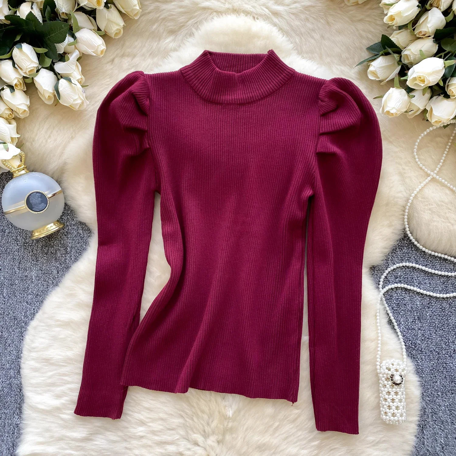 2025 Autumn Winter Women Simplicity Half High Collar Long Sleeve Sweaters Folds Shoulder Solid Multi Color Pullovers Tops 241227