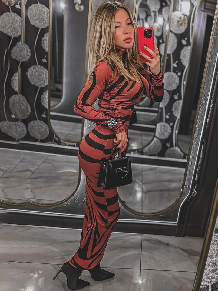 Leopard Printed Female Maxi Dress Skinny Long Sleeve Sexy High Waist Fashion Summer Streetwear Womens 250103