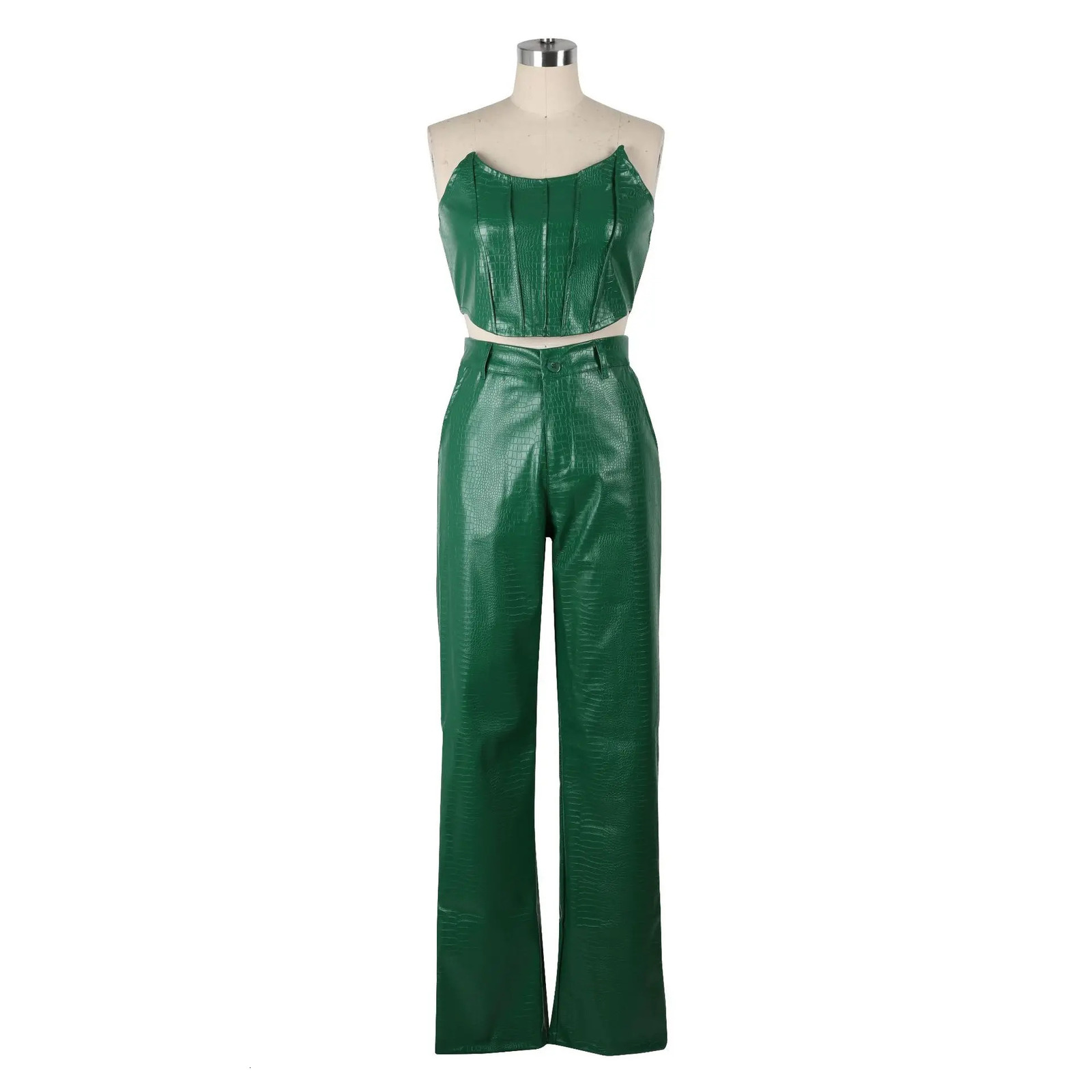 iDress Womens Green Corset Cut-Out Cargo Sexy Sleeveless Jumpsuits PU Leather Matching Set Sexy Clubwear 2 Piece Outfits 250106