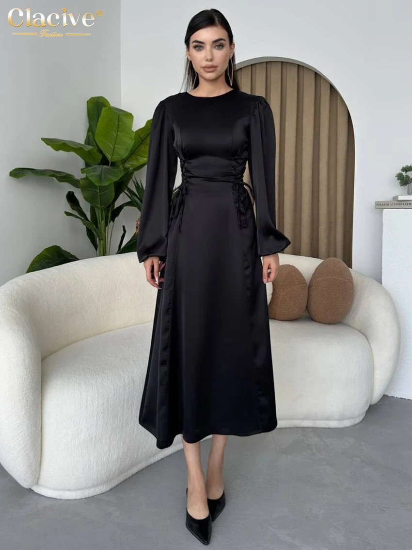 Clacive Fashion Ultra Thin Black Satin Womens Dress 2025 Bodycon O-Neck Long Sleeve Midi Dress Elegant Classic Bandage Womens Dress 250103