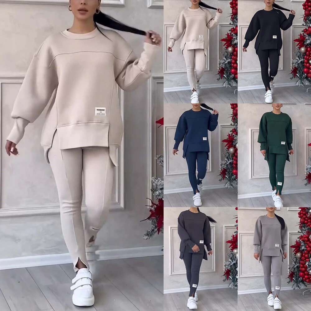 Cross-Border Women's Sports Sweatshirt Pants Sets Long Sleeve Pullover Tops+Trousers Winter Casual Warm Tracksuit Tights 2 Piece