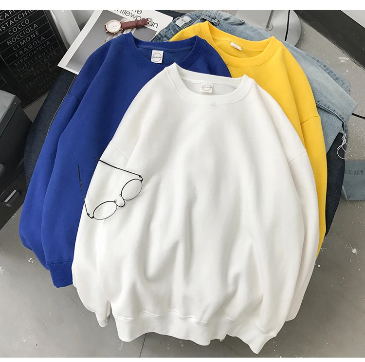 Woman Solid Color O-Neck Sweatshirt Casual Loose Fit Hoodie Harajuku Aesthetic Streetwear Velvet Pullover White Tops Korean Pop 250106