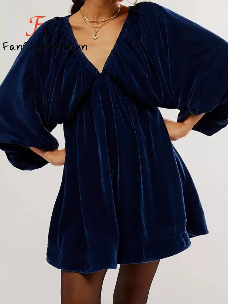 Womens Fashion Dresses Casual Velvet Elegant Deep V Neck Mini Dress Vintage Three Quarter Temperament Party Female 250103