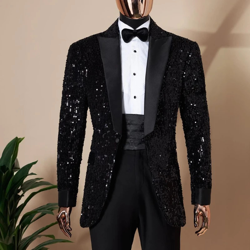 Shining Sequins Men Suits Tuxedo Slim Fit Notched Lapel One Button Blazer with Pants 2 Pcs Tailored Groom Wedding Party Jacket 250103
