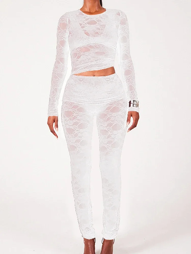 Sexy Sheer See Through Two Piece Women Lace Legging Outfits 2025 Fashion Long Sleeve Tops and Ruffles Skirts Pants Matching Sets 250106