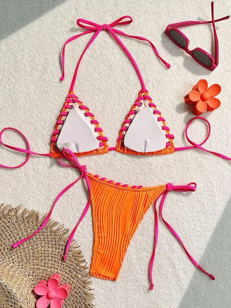 Sexy Bathing Suit Women Orange Swimsuit Halter Bikini Set Twopiece Split Biquinis Drawstring Swimwear Lace Up Beach Wear 250106