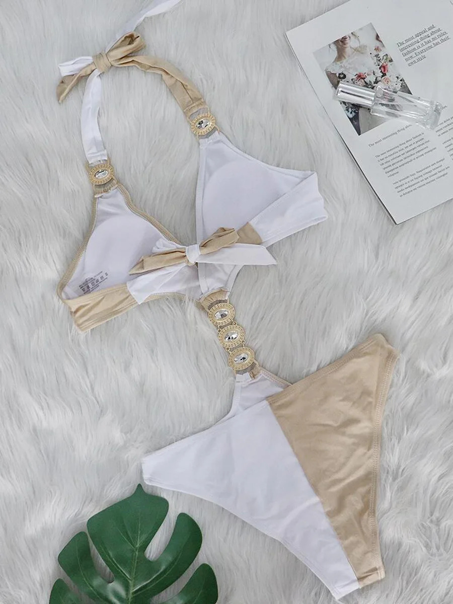 Sexy Splicing Halter V Neck High Cut Diamond Monokini Women Swimwear One Piece Swimsuit Female Bathing Suit Swim Beach Wear 250106