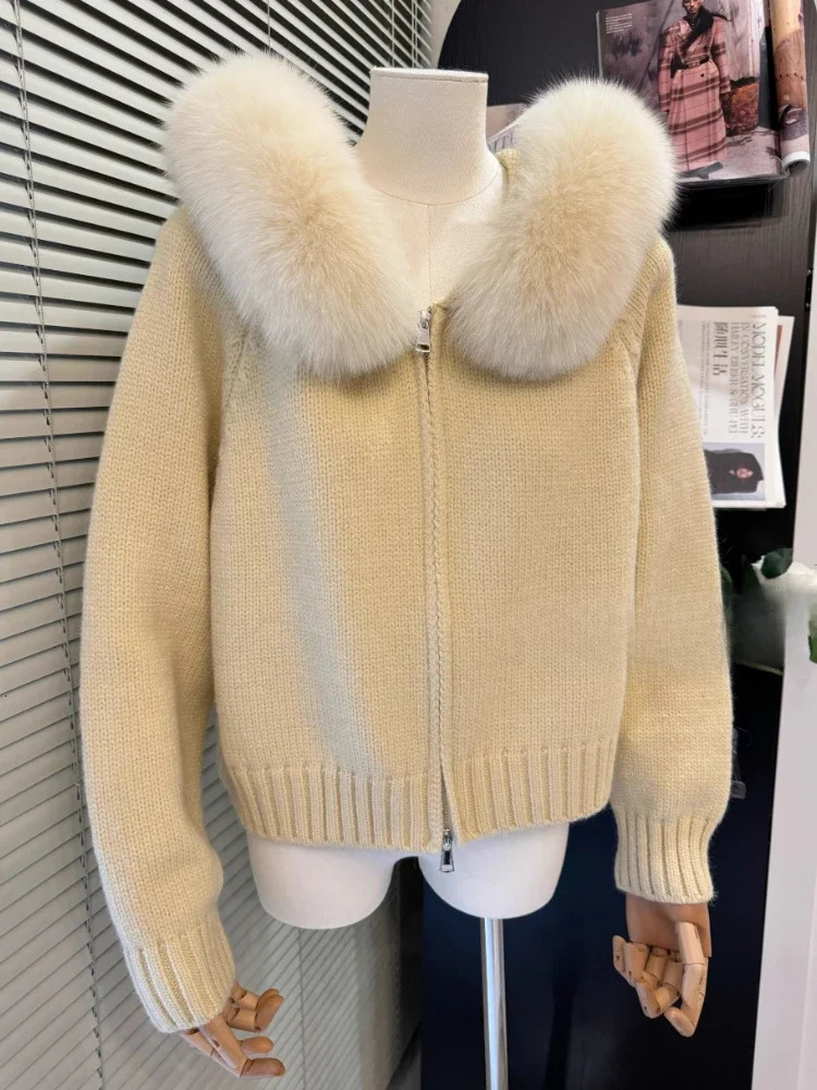 Womens Hooded Knitted Cardigan Loose Fur Collar Monochromatic Coat Zipper Casual Fashion Winter 250102