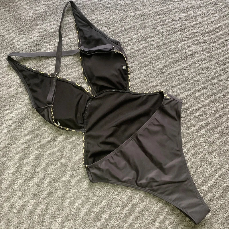 Women Beach Wear Swim Suit Sexy Golden Print One Piece Swimsuit Swimwear Bikini DeepV Bathing Suits 250106