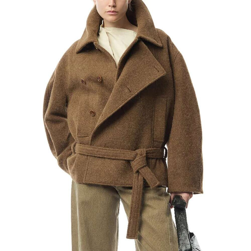 Women's Double Breasted Tweed Jacket, Wool Blend, Belt Corset, Slim, Retro, Elegant Tops, Autumn And Winter, New, Y2k, 2024