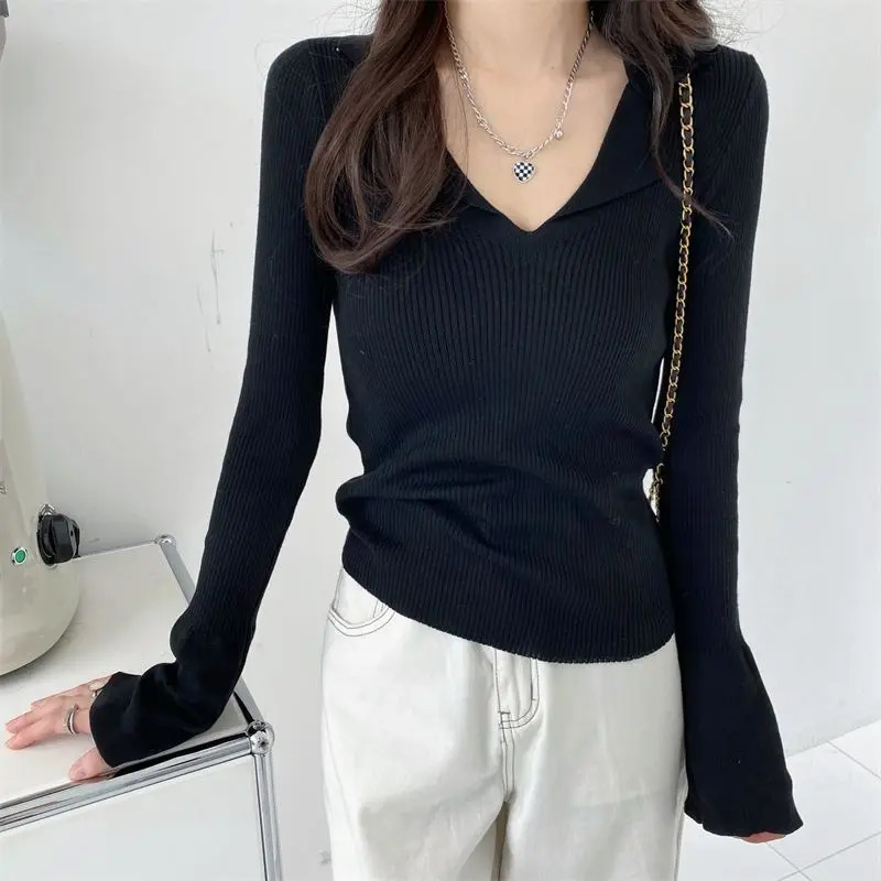 Clothing long sleeved polo neck womens knitted top plain weave cute T-shirt womens polyester summer sales V 250103