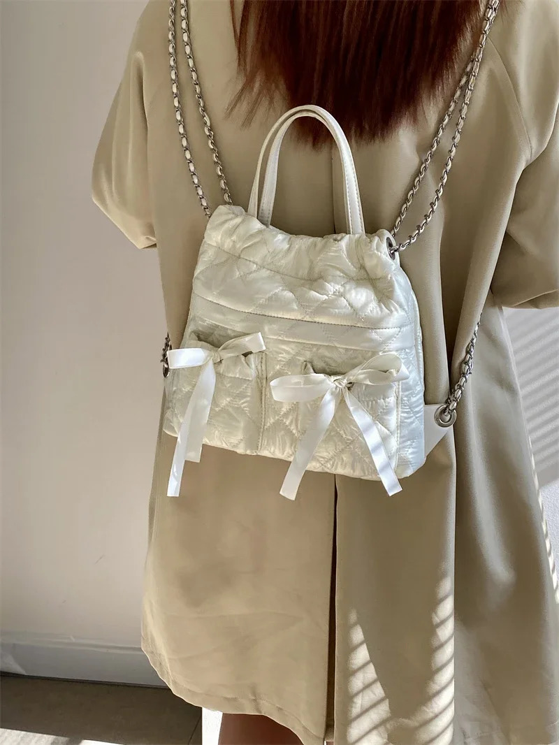 Fashion Bowknot Sweet Backpack Elegant Quilted Womens Small Handbags Simple Ribbon Female Chain Shoulder Bags Tote Purse 250102