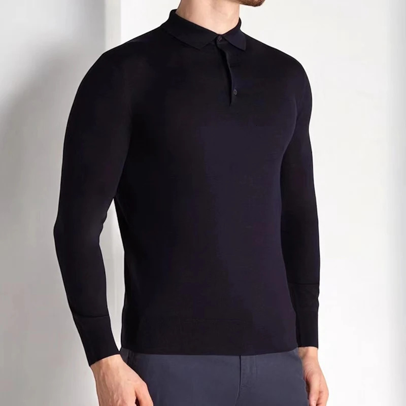 Handmade Winter Cashmere Solid Color Mens Casual Long Sleeve Knitted Polo Shirt 250103
