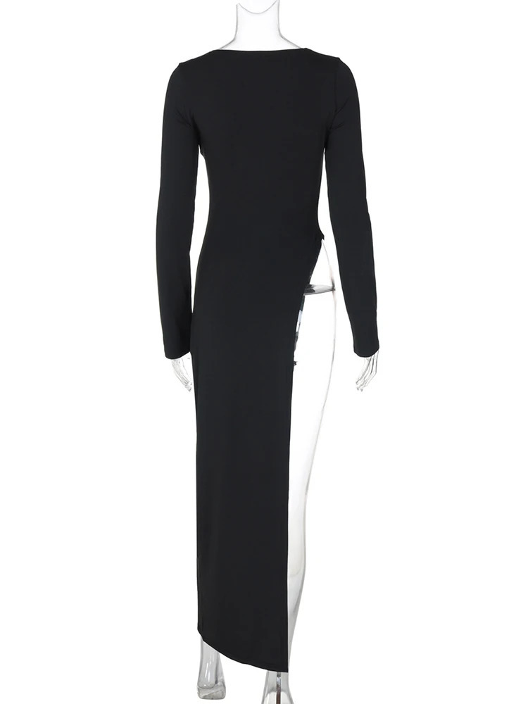 Trendix Black Asymmetrical Maxi Dress For Womens O Neck Long Sleeve Trendy Chic Top Club Party High Side Slit Dresses Autumn 250103