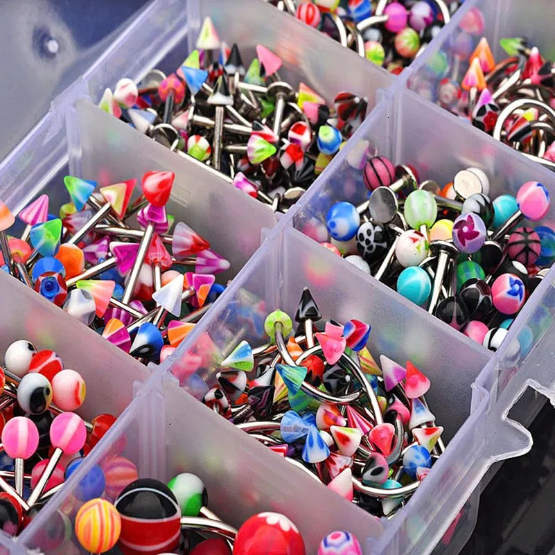 50/100PCS Mixed Acrylic Steel Body Piercing Jewelry Lot Bulk Nose Ring Tongue Bar Navel Eyebrow Lip Labret Piercing Set 250103