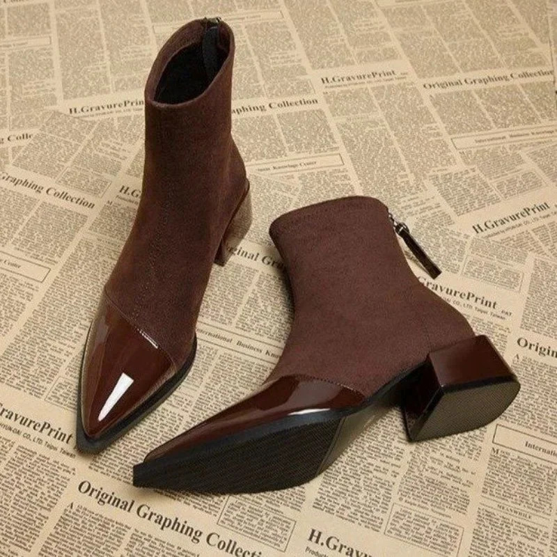 Autumn Winter Fleeces Women Sock Ankle Boots Fashion Square Heel Ladies Elegant Keep Warm Short Booties Womens Footwear 250106