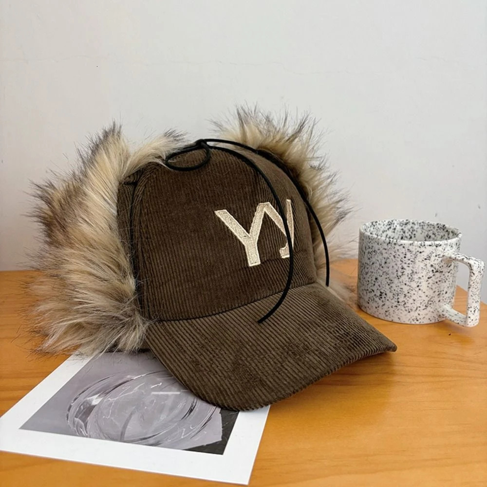 Retro Korean Style Corduroy Baseball Cap Casual Warm Feather Baseball Hat Fur Letter Y2k Peaked Cap Women 250106