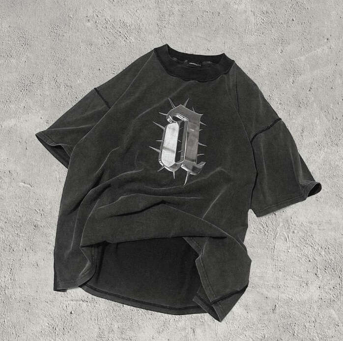 Vintage High Street Washed Black Metal Letter Printed Short Sleeve T-shirt for Men and Women