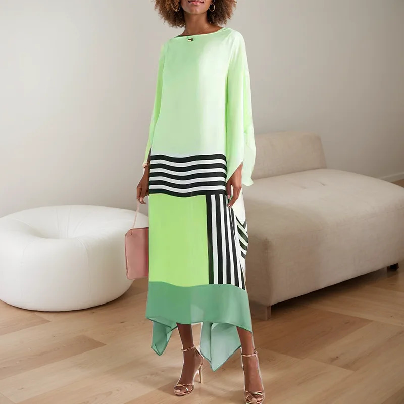 Retro Women Striped Print Patchwork Irregular Dress Fashion Batwing Sleeve Party Elegant Pattern Comfortable Dresses 250103