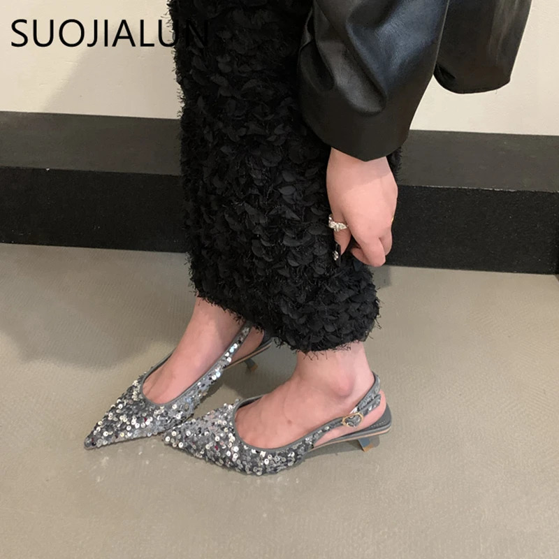 SUOJIALUN Bling Women Sandal Fashion Pointed Toe Shallow Slip On Ladies Elegant Slingback Shoes Med Heel Pumps Shoes 250106