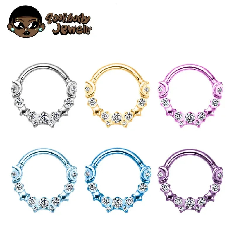 ASTM F136 Star Moon with Zircon Clicker Piercing 16G Septum Hoop Nose Ring Tragus Helix Daith Hinged Earrings 250103