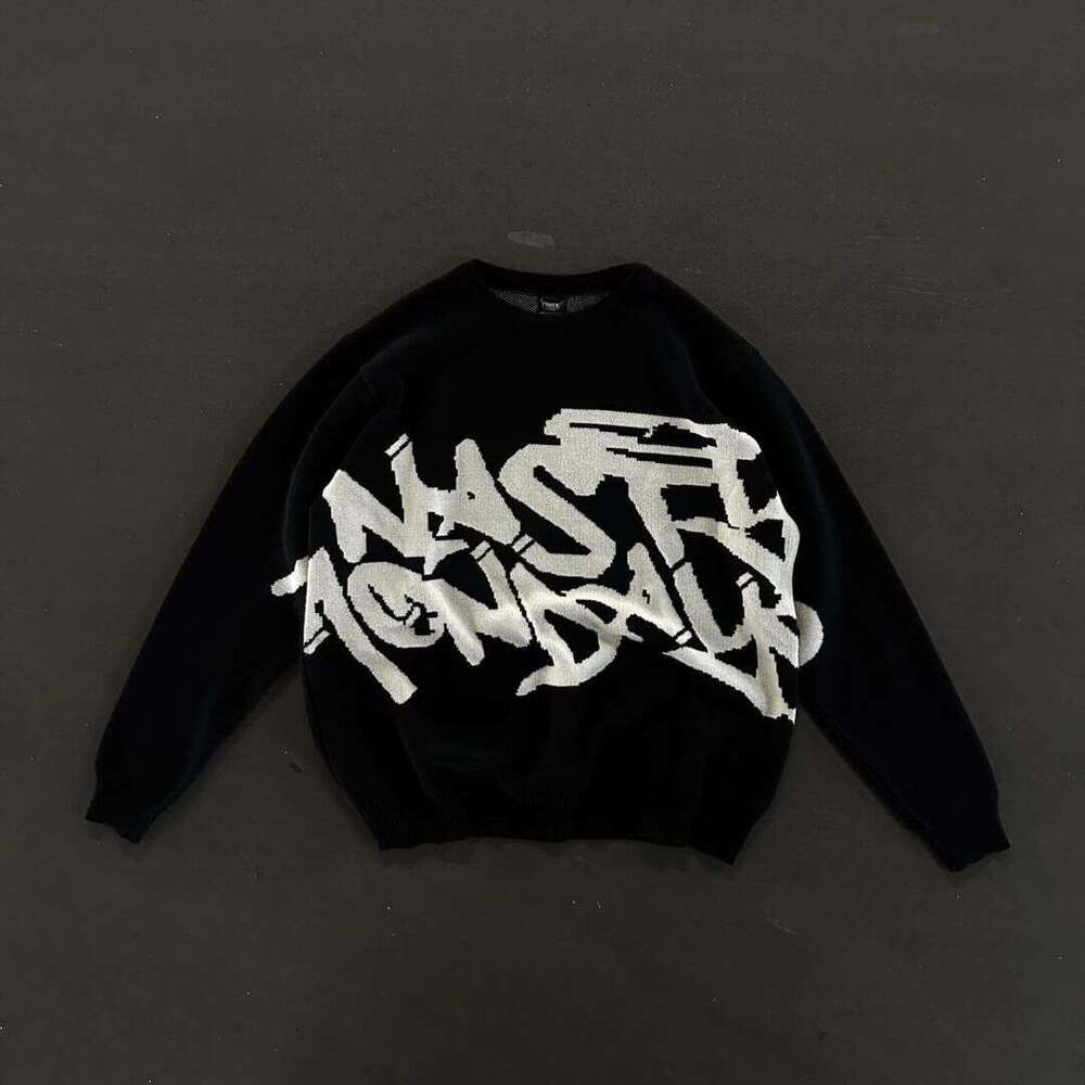 Knitted with letter jacquard pattern round neck long sleeved high street loose y2k sweater