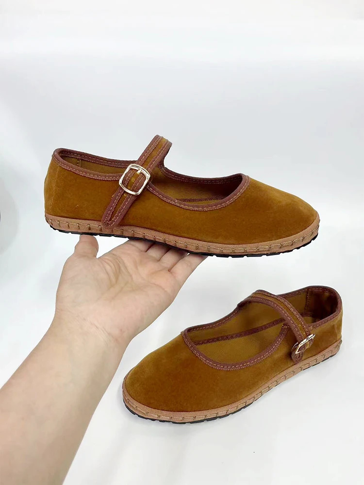 Velvet Mary Jane Shoes for Women Hand Stitch Casual Streetwear Ballet Flats Pumps Female Solid Color Red Cloth Shoes Loafers 250106