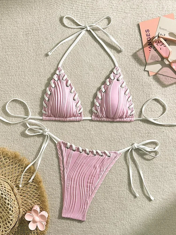 Sexy Bathing Suit Women Orange Swimsuit Halter Bikini Set Twopiece Split Biquinis Drawstring Swimwear Lace Up Beach Wear 250106