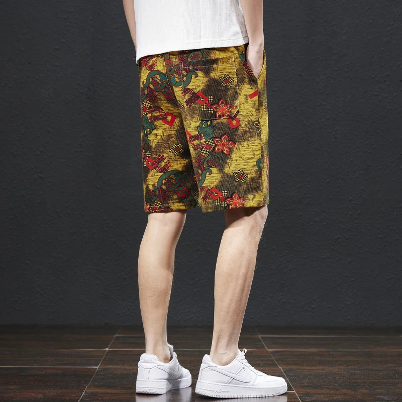 Summer Chinese Style Printed Beach Pants Mens Loose Trendy Capris Street Leisure Outdoor Shorts 250103
