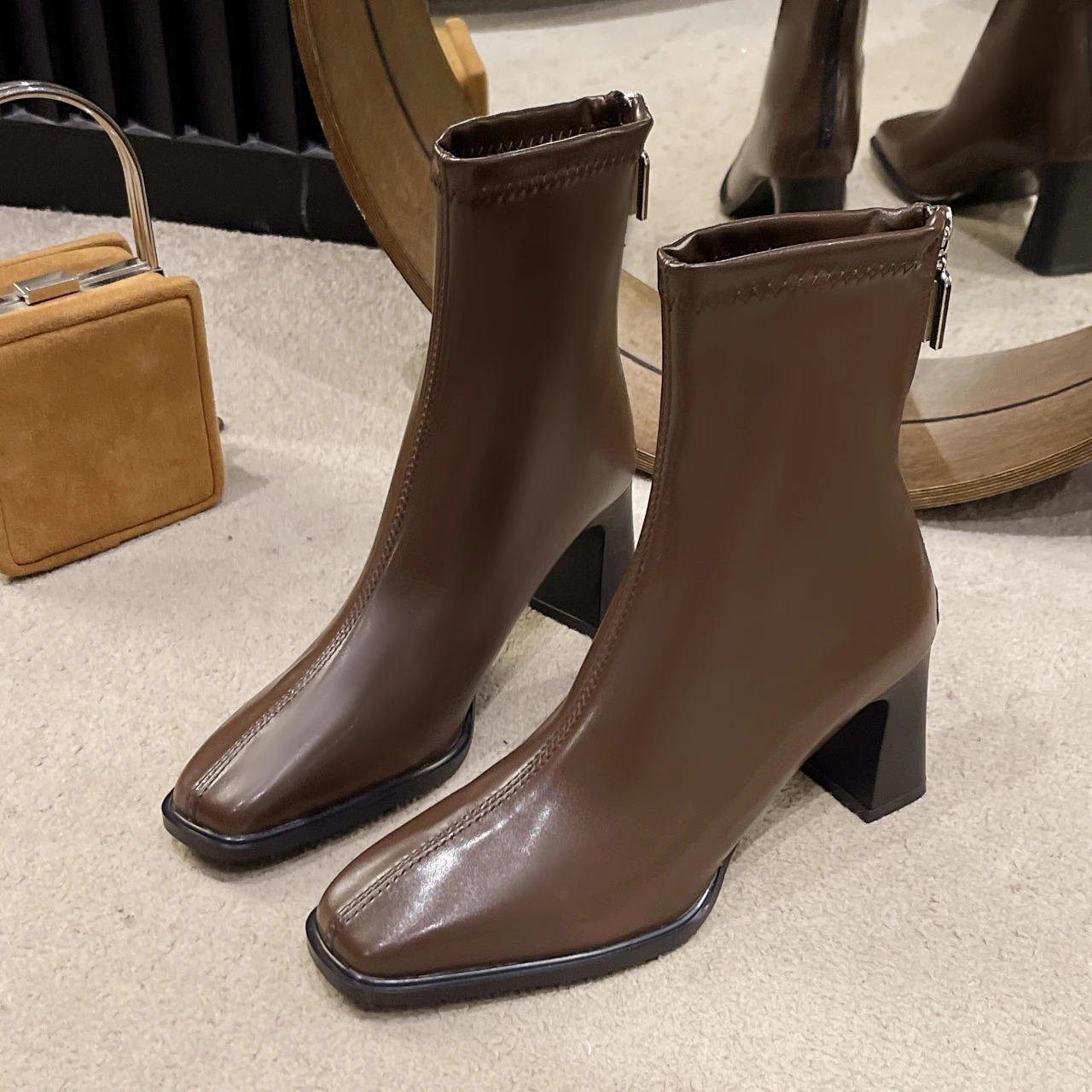 High Quality High Heel Boots Women Leather Winter Boots Women Comfortable Warm Fur Women Ankle Boots Shoes Black Brown D159 250106