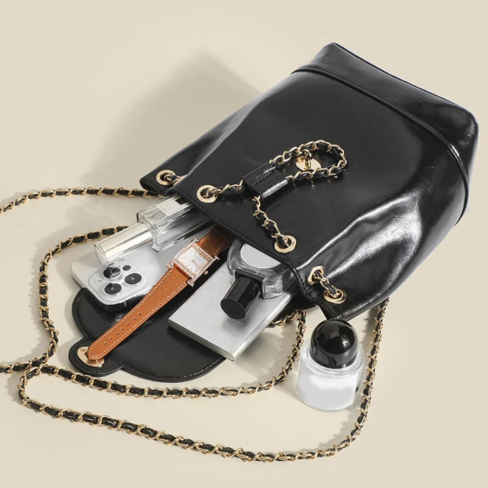 Women School Bags Drawstring PU Leather Backpacks Large Capacity Chain Adjustable Shoulder Straps Solid Color Travel Bag 250102