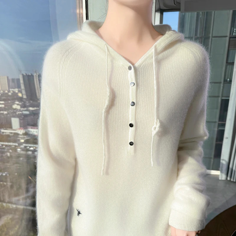 100%Wool High Quality Pure Spring Autumn Winter European Style Women Hooded Fashion Pullovers Knitted Cashmere Wool Sweater 250103
