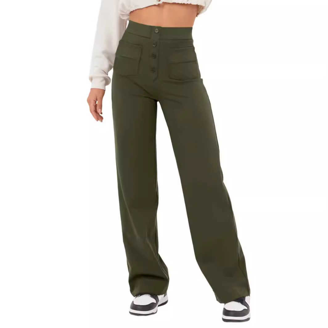 2023 Fashionable New Womens Casual Straight Leg Pants with High Waist Button Elastic Belt and Multiple Pockets