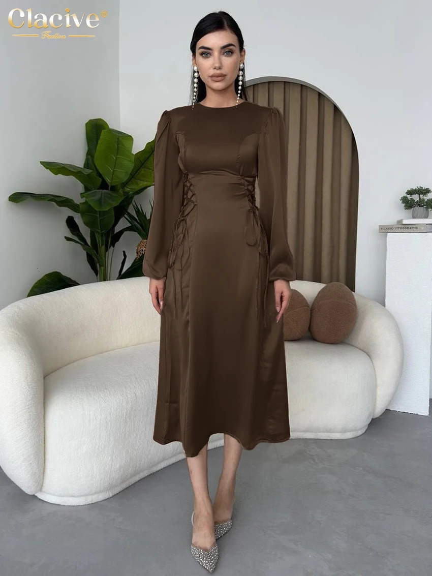 Clacive Fashion Ultra Thin Black Satin Womens Dress 2025 Bodycon O-Neck Long Sleeve Midi Dress Elegant Classic Bandage Womens Dress 250103