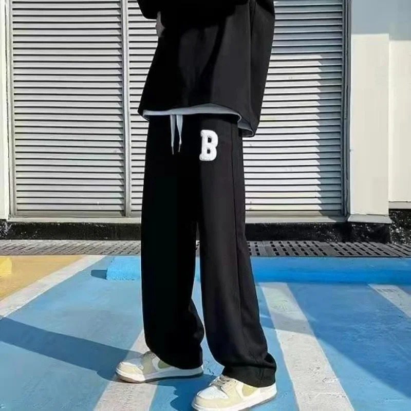 High street sports trend straight casual pants mens embroidery loose elastic waist sports drawstring pocket wide leg Trousers 250103