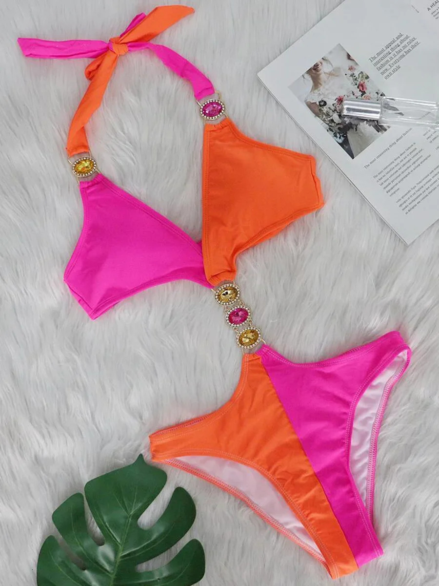 Sexy Splicing Halter V Neck High Cut Diamond Monokini Women Swimwear One Piece Swimsuit Female Bathing Suit Swim Beach Wear 250106