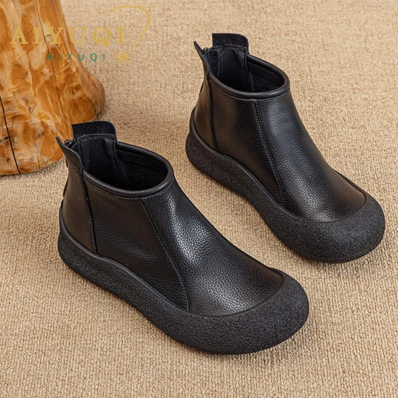 AIYUQI Women Booties Retro Fall Genuine Leather Flat Women Ankle Boots Round Toe Casual Large Size Women Shoes Boots