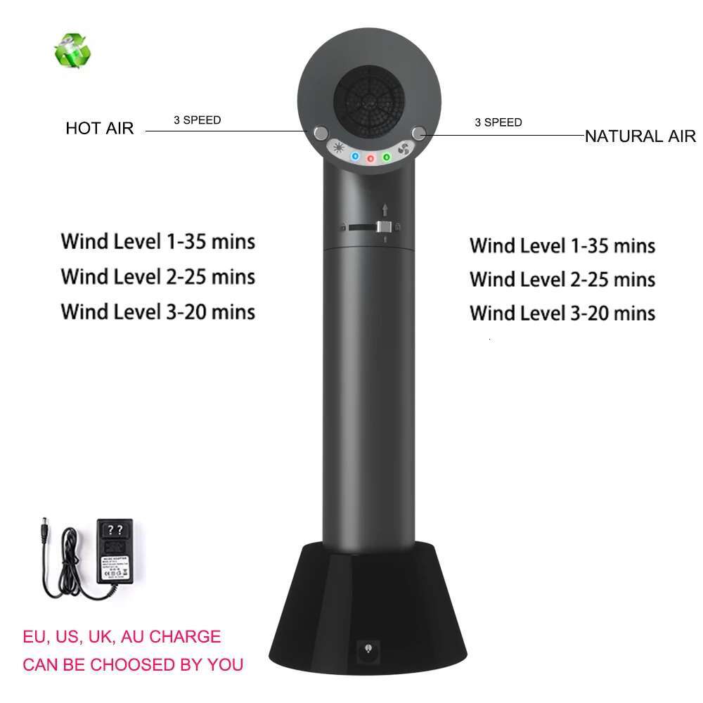 Cordless Hair Dryer Hot Wind and Natural Air Adjustment Rechargeable LED Battery Display Pet Students Baby Office Worker Use