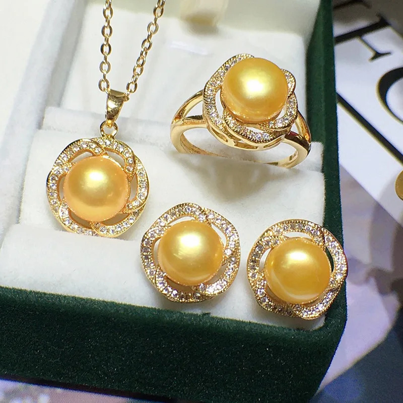 Shiny Crystal Flower Natural Freshwater Pearl 14k Gold Filled Female Jewelry Set Necklace Earrings Rings For Women 250102