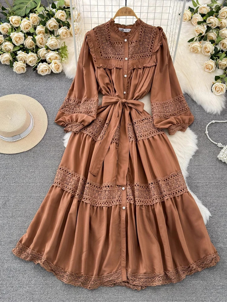 XFPV Women Sweet Temperament Lantern Sleeved Stand Collar Waistband Slim A-line Hollow Out Dress Vestidos Summer 2025 SM112 250103