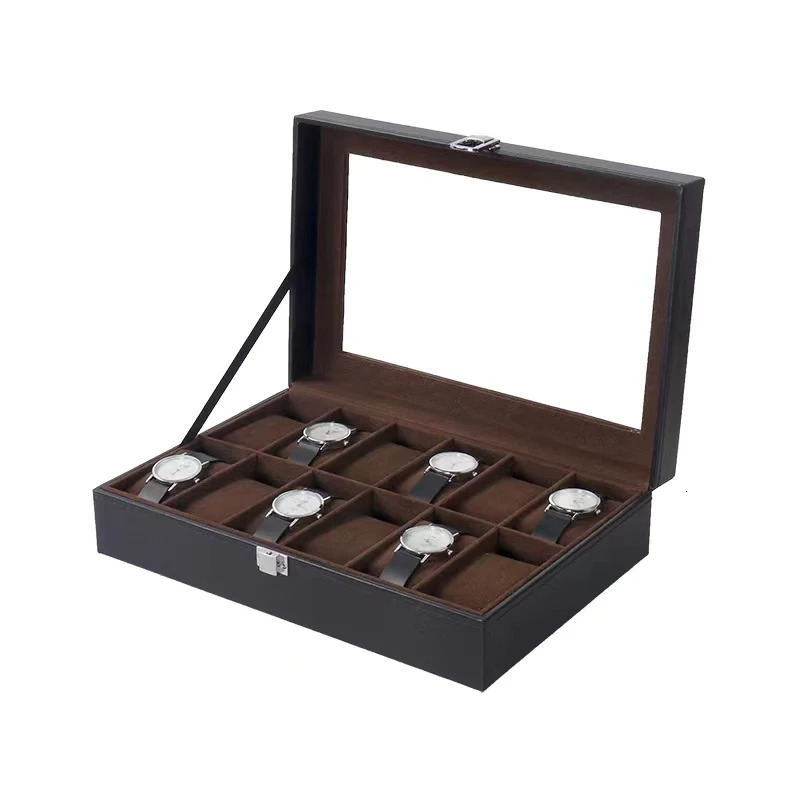 6/10/12 Slot Watch Box Bracket Storage Box Organizer Black PU Leather Watch Display Box About Hombre 30x20x8cm 250102