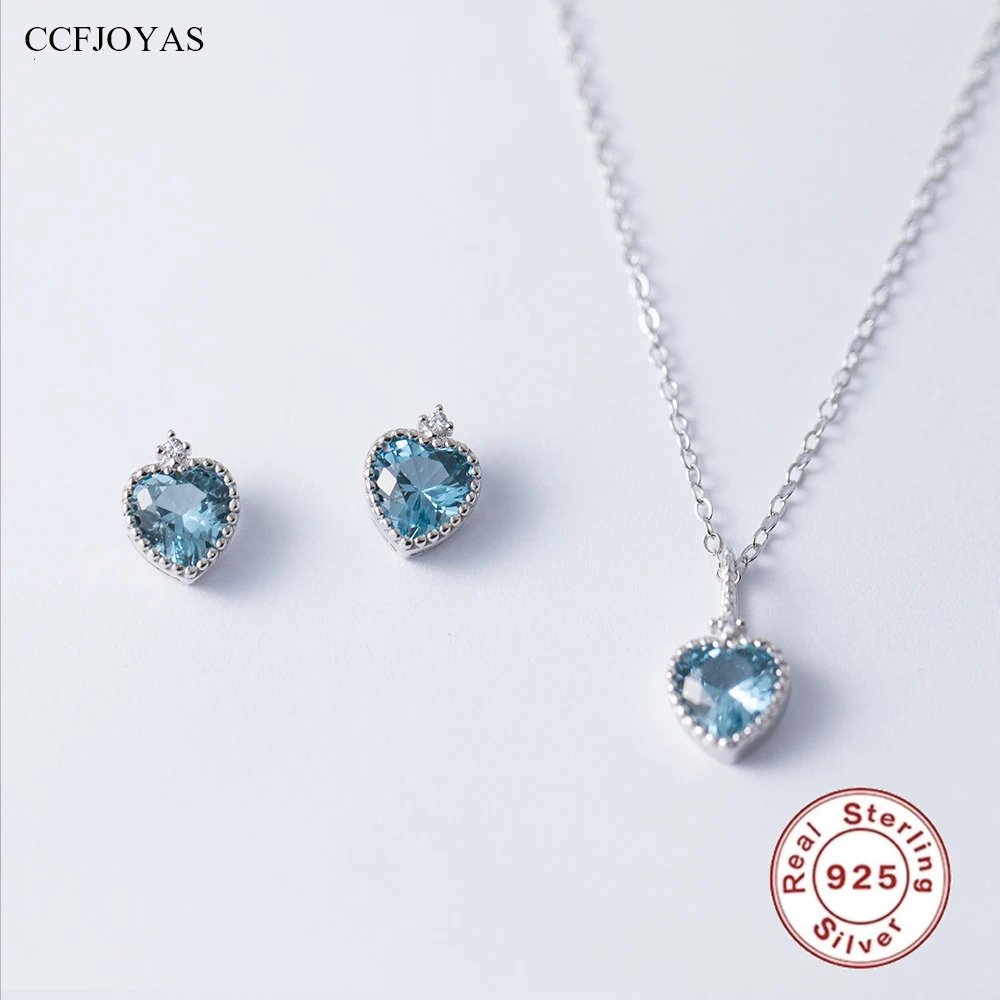 CCFJOYAS 100% 925 Sterling Silver Sapphire Heart Earrings Necklace Set for Women Simple INS Wedding Fine Jewelry Set 250102