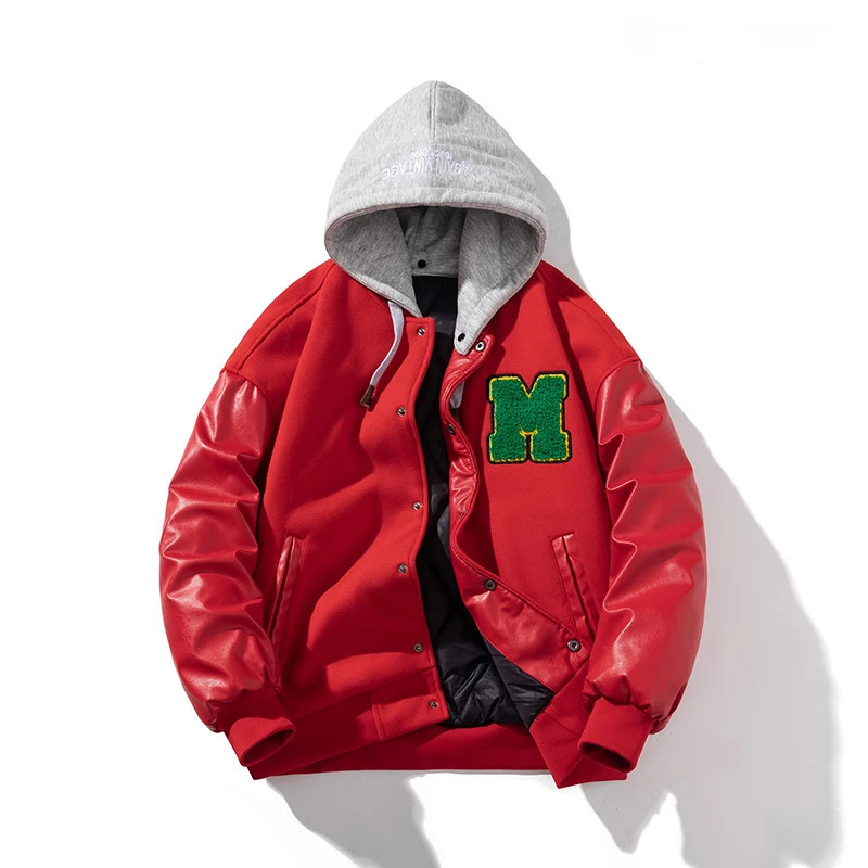 Men Varsity Jacket Winter Women Letter Fashion Baseball Jacket Leather Sleeve Motorcycle Coat Button College Warm Parkas Red 250103