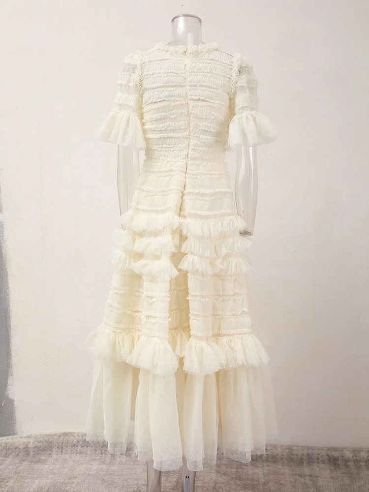 IEQJ Solid Retro Fungal Puff Sleeve Lace Strap Dress Elegant Ultra Thin Elegant Womens Dress 2025 Summer Clothing 250103